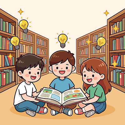 여자 남자 어린이 일러스트 전구 책장 아이디어 함께함 앉기 책 친구 학습 도서관 읽기 즐거움 국내일러스트 AI파일 교육 감정 가구 컨셉 관계 모션 사람 파일형식 벡터
