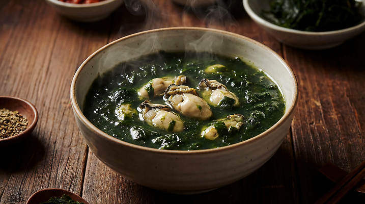 JPG 편집이미지 전통 한식 음식 재료 탁자 반찬 건강 요리 굴 뜨거움 맛 국 국물 매생이 매생이국밥 편집실사 AI포토 AI콘텐츠 가구 컨셉 어패류 해조류 CG 국밥 파일형식