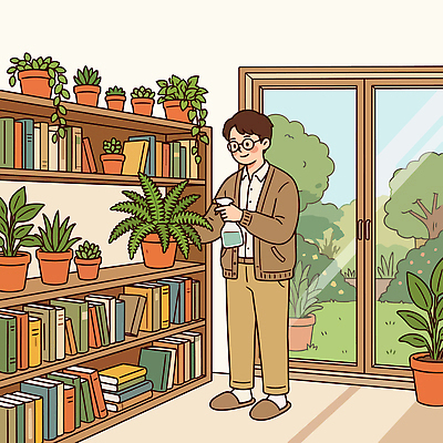 식물 남자 화분 화초 일러스트 창문 책장 주택 실내 정원 방 물주기 원예 플랜테리어 국내일러스트 AI파일 가구 모션 사람 취미 내부 건물 인테리어 파일형식 벡터