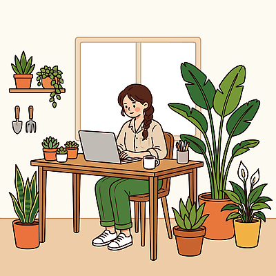 식물 화분 일러스트 창문 탁자 실내 사람 노트북 작업 책상 원예 플랜테리어 국내일러스트 AI파일 가구 취미 내부 전자제품 인테리어 파일형식 벡터