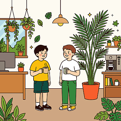 식물 남자 커피 일러스트 조명 실내 대화 친구 원예 플랜테리어 국내일러스트 AI파일 음료 관계 말하기 사람 취미 내부 인테리어 파일형식 벡터