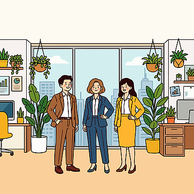 식물 여자 남자 일러스트 비즈니스 창문 협력 풍경 컴퓨터 사무실 책상 원예 플랜테리어 국내일러스트 AI파일 가구 사람 취미 전자제품 인테리어 파일형식 벡터