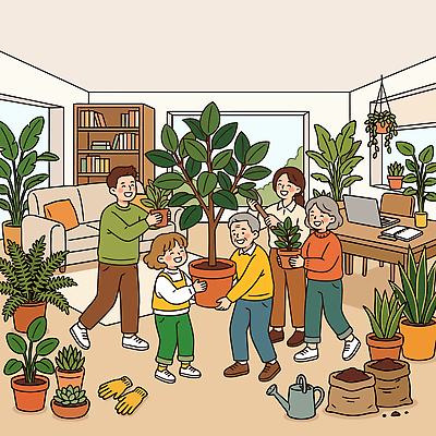 식물 화분 거실 일러스트 가족 실내 성인 인테리어 원예 플랜테리어 국내일러스트 AI파일 디자인 관계 사람 취미 내부 파일형식 벡터