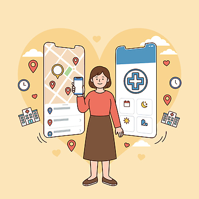여자 지도 일러스트 의학 모바일 건강 병원 스마트폰 어플리케이션 위치 국내일러스트 AI파일 사람 핸드폰 스마트기기 파일형식 벡터
