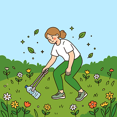 식물 공원 여자 남자 꽃 운동화 일러스트 자연 잔디 초록색 자연보호 환경 봉사 쓰레기 플라스틱 청소 친환경 줍기 플로깅 국내일러스트 AI파일 공공시설 컬러 신발 모션 재질 사람 도움 보호 생태계 파일형식 벡터