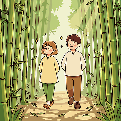 나무 커플 여자 남자 행복 일러스트 자연 휴식 미소 일상 햇빛 평화 걷기 산책 숲속 숲 대나무 템플스테이 국내일러스트 AI파일 식물 감정 컨셉 불교 관계 모션 표정 사람 라이프 빛 체험 생태계 파일형식 벡터