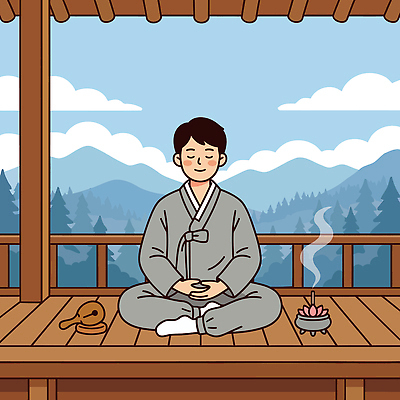 나무 남자 일러스트 자연 휴식 산 고요 명상 향 평상 목탁 심리 템플스테이 국내일러스트 AI파일 식물 컨셉 불교 사람 체험 불교용품 생태계 파일형식 벡터