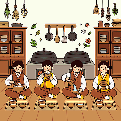 여자 남자 어린이 음식 일러스트 한국 요리 앉기 주방 식사 전통음식 템플스테이 국내일러스트 AI파일 전통 아시아 불교 모션 사람 체험 파일형식 벡터