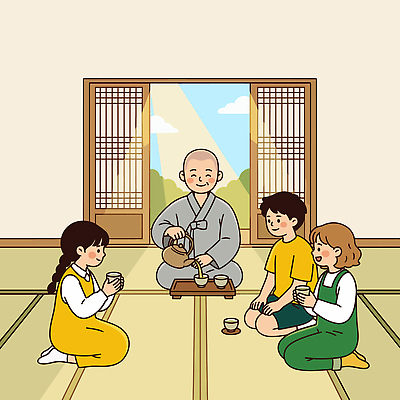 전통 여자 남자 일러스트 한국 웃음 친구 햇빛 다도 찻주전자 승려 템플스테이 국내일러스트 AI파일 아시아 불교 관계 주전자 표정 사람 빛 예절 체험 성직자 파일형식 벡터