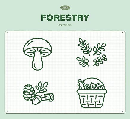나무 식물 일러스트 자연 그래픽 바구니 버섯 나뭇가지 숲 솔방울 단순화된 임업 국내일러스트 AI파일 산업 생태계 파일형식 벡터