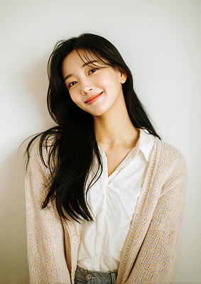 JPG 편집이미지 긴머리 여자 행복 셔츠 한명 미소 매력적 카디건 흰배경 의료성형뷰티 스타일 편집실사 AI인물포토 AI콘텐츠 1 헤어스타일 감정 백그라운드 컨셉 상의 표정 사람 외투 흰색 CG 파일형식 AI포토 옷 컬러