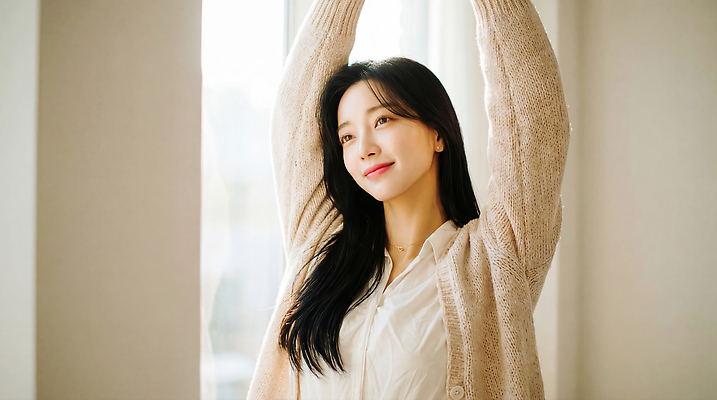 JPG 편집이미지 긴머리 옷 여자 모션 실내 한명 공간 편안함 창가 손뻗기 의료성형뷰티 편집실사 AI인물포토 AI콘텐츠 1 헤어스타일 창문 사람 내부 감각 CG 파일형식 AI포토