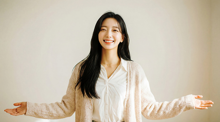 JPG 편집이미지 옷 여자 행복 포즈 스튜디오 실내 한명 미소 캐주얼 의료성형뷰티 편집실사 AI인물포토 AI콘텐츠 1 감정 표정 사람 내부 CG 파일형식 AI포토
