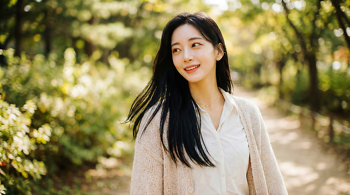 JPG 나무 편집이미지 공원 여자 길 모션 자연 한명 웃음 사람 풍경 일상 햇빛 걷기 산책 의료성형뷰티 편집실사 AI인물포토 AI콘텐츠 식물 1 공공시설 휴식 표정 라이프 빛 CG 생태계 파일형식 AI포토