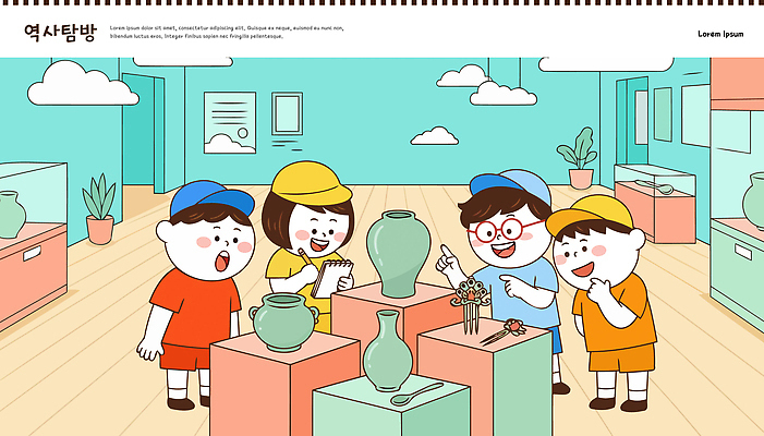 교육 문화 일러스트 장신구 수업 유물 학습 도자기 역사 호기심 박물관 관람 흥미 국내일러스트 AI파일 전통 감정 컨셉 파일형식 벡터