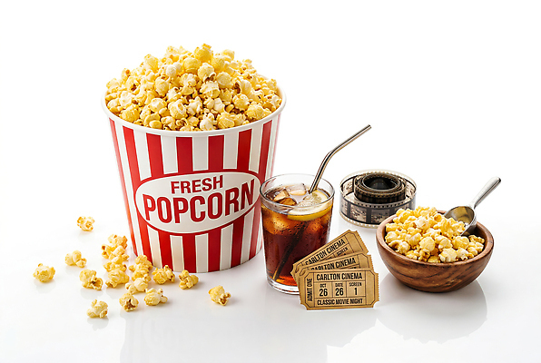 JPG 편집이미지 음료 영화관 극장 필름 영화 콜라 팝콘 영화티켓 편집실사 AI컴퓨터그래픽 AI콘텐츠 문화예술 티켓 CG 탄산음료 파일형식