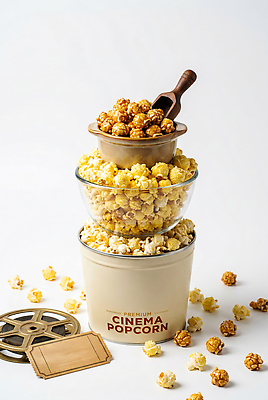 JPG 편집이미지 디저트 과자 영화관 필름 영화 팝콘 나무숟가락 영화티켓 유리용기 편집실사 AI컴퓨터그래픽 AI콘텐츠 음식 문화예술 숟가락 용기 티켓 극장 CG 파일형식