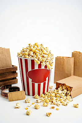 JPG 편집이미지 종이봉투 영화관 필름 영화 팝콘 영화티켓 편집실사 AI컴퓨터그래픽 AI콘텐츠 문화예술 봉투 티켓 극장 CG 파일형식