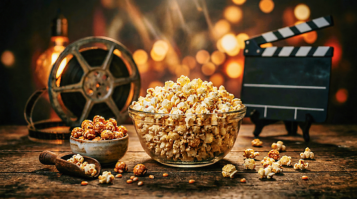 JPG 편집이미지 조명 클래퍼보드 영화관 필름 영화 팝콘 유리그릇 편집실사 AI컴퓨터그래픽 AI콘텐츠 그릇 유리 문화예술 극장 CG 파일형식