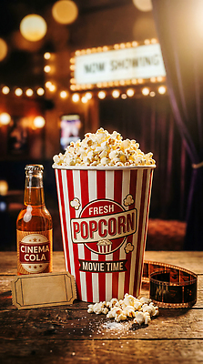 JPG 편집이미지 음료 영화관 필름 영화 콜라 팝콘 관람 영화제 영화티켓 편집실사 AI컴퓨터그래픽 AI콘텐츠 문화예술 티켓 극장 CG 탄산음료 파일형식