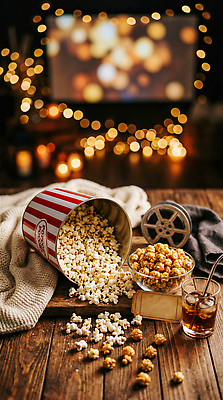 JPG 편집이미지 음료 조명 통 저녁 영화관 영화 콜라 팝콘 편집실사 AI컴퓨터그래픽 AI콘텐츠 문화예술 밤 야간 극장 CG 탄산음료 파일형식