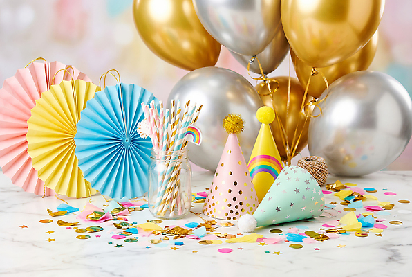 JPG 편집이미지 기념일 종이 컬러 탁자 빨대 장식 파티 줄무늬 축하 생일 오브젝트 파티용품 풍선 편집실사 AI포토 AI콘텐츠 가구 컨셉 무늬 이벤트 CG 이벤트용품 파일형식