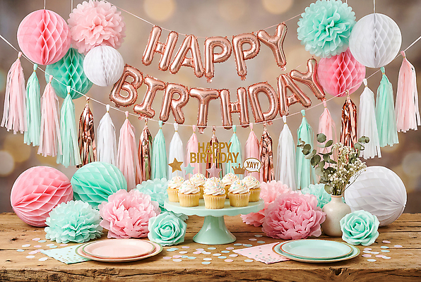 JPG 편집이미지 기념일 꽃 종이 분홍색 컬러 탁자 조명 장식 파티 축하 생일 컵케이크 민트 풍선 편집실사 AI포토 AI콘텐츠 식물 가구 컨셉 이벤트 케이크 허브 CG 파일형식