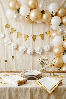 JPG 편집이미지 접시 꽃 탁자 이벤트 장식 파티 금색 흰색 축하 생일 촛대 풍선 편집실사 AI포토 AI콘텐츠 식물 식기 기념일 컬러 가구 컨셉 CG 파일형식