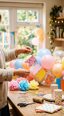 JPG 편집이미지 여자 기념일 탁자 장식 파티 생일 준비 풍선 가랜드 종이꽃 의료성형뷰티 편집실사 AI인물포토 AI콘텐츠 꽃 가구 사람 이벤트 CG 파티용품 파일형식 AI포토