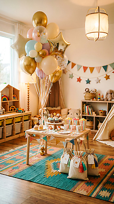 JPG 편집이미지 어린이 음식 놀이 탁자 선물 장식 파티 방 생일 풍선 편집실사 AI포토 AI콘텐츠 기념일 가구 사람 이벤트 CG 파일형식