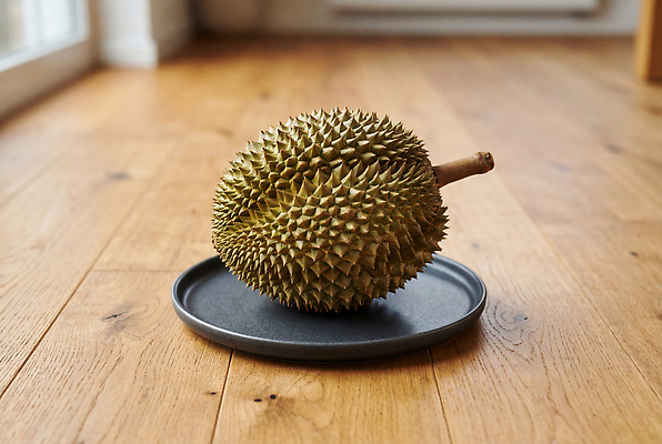 JPG 편집이미지 접시 과일 바닥 실내 햇빛 열대과일 날카로움 두리안 편집실사 AI포토 AI콘텐츠 식기 내부 빛 CG 파일형식