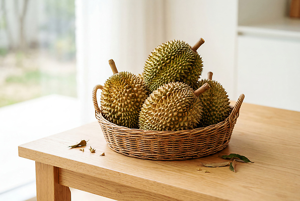 JPG 편집이미지 과일 식탁 실내 바구니 열대과일 생과일 두리안 편집실사 AI포토 AI콘텐츠 탁자 내부 CG 파일형식