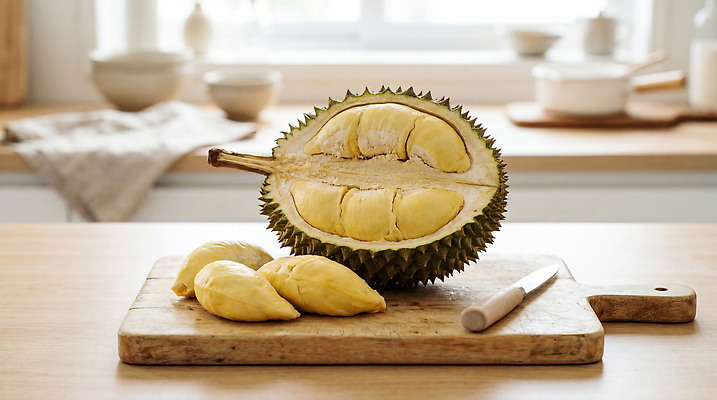 JPG 편집이미지 음식 과일 주방용품 햇빛 주방 칼 열대과일 과일조각 나무도마 두리안 편집실사 AI포토 AI콘텐츠 조각 생활용품 도마 목재 빛 CG 파일형식