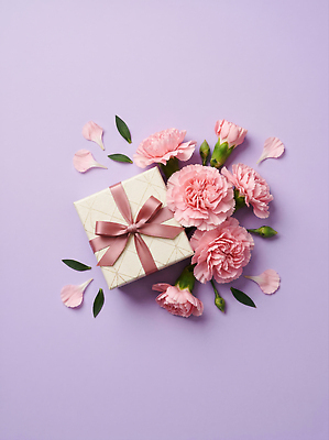 JPG 편집이미지 꽃 리본 선물 장식 상자 어버이날 스승의날 카네이션 연보라색 편집실사 AI포토 AI콘텐츠 식물 기념일 보라색 CG 파일형식