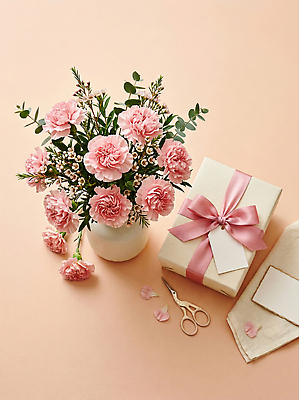 JPG 편집이미지 꽃 리본 분홍색 선물 장식 상자 꽃병 어버이날 스승의날 카네이션 편집실사 AI포토 AI콘텐츠 식물 기념일 컬러 CG 파일형식