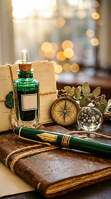 JPG 편집이미지 탁자 문구용품 책 펜 기록 빈티지 나침반 구슬 편집실사 AI포토 AI콘텐츠 가구 컨셉 필기구 CG 오브젝트 파일형식