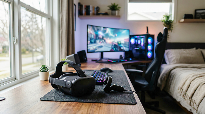 JPG 나무 편집이미지 창문 기술 컴퓨터 스크린 헤드셋 방 장비 게임 마우스 책상 편집실사 AI포토 AI콘텐츠 식물 음향기기 가구 놀이 전자제품 컴퓨터용품 헤드폰 CG 파일형식