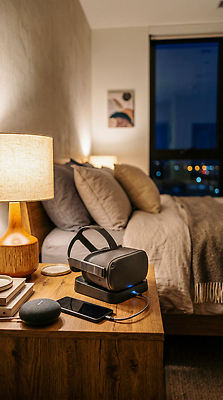 JPG 편집이미지 탁자 조명 빛 스마트폰 침실 장비 램프 저녁 VR기기 편집실사 AI포토 AI콘텐츠 가구 핸드폰 스마트기기 기계 밤 야간 CG 가상현실 파일형식