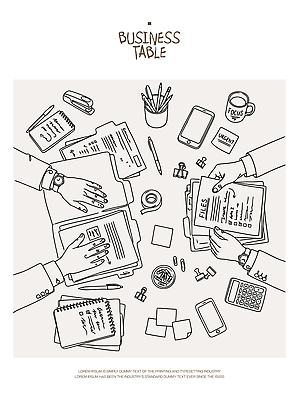 손 일러스트 비즈니스 탁자 회의 사람 사무실 필기구 펜 공책 자료 거래 계산기 업무 작업 포스트잇 문서 의견 국내일러스트 AI파일 가구 문구용품 신체부위 장비 메모지 파일형식 벡터