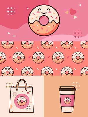 디자인 커피 음료 음식 분홍색 백그라운드 패턴 가방 일러스트 디저트 웃음 쇼핑백 귀여움 카페 빵집 도넛 그림 브런치 테이크아웃컵 프랜차이즈 국내일러스트 AI파일 잡화 컬러 컨셉 무늬 표정 컵 상점 식사 파일형식 벡터