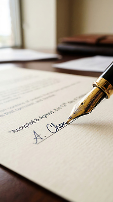 JPG 편집이미지 문자 손글씨 종이 탁자 빛 사무실 필기구 만년필 작업 문서 계약서 서명 편집실사 AI컴퓨터그래픽 AI콘텐츠 가구 비즈니스 문구용품 펜 CG 파일형식