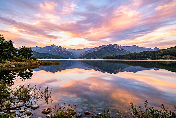 JPG 나무 편집이미지 자연 하늘 산 풍경 물 강 반사 평화 노을 일몰 저녁 강가 편집실사 AI컴퓨터그래픽 AI콘텐츠 자연요소 식물 컨셉 밤 야간 CG 생태계 파일형식
