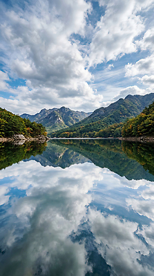 JPG 편집이미지 호수 자연 하늘 산 풍경 물 강 반사 편집실사 AI컴퓨터그래픽 AI콘텐츠 자연요소 CG 생태계 파일형식