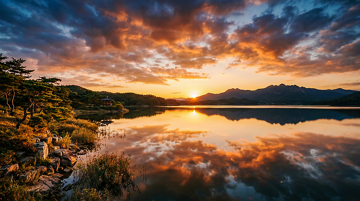 JPG 나무 편집이미지 호수 자연 하늘 산 풍경 물 반사 일몰 저녁 편집실사 AI컴퓨터그래픽 AI콘텐츠 자연요소 식물 노을 밤 야간 CG 생태계 파일형식