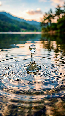 JPG 편집이미지 자연 하늘 산 풍경 물 환경 고요 물방울 수면 숲 장면 오후 편집실사 AI컴퓨터그래픽 AI콘텐츠 자연요소 CG 생태계 파일형식