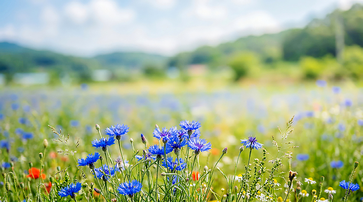 JPG 식물 편집이미지 꽃 자연 산 풍경 초원 여름 파란색 햇빛 들꽃 숲 수레국화 편집실사 AI포토 AI콘텐츠 계절 컬러 빛 CG 생태계 파일형식
