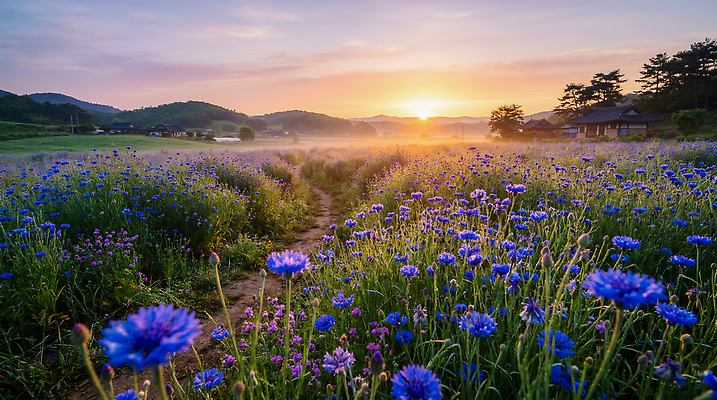 JPG 식물 편집이미지 꽃밭 자연 산 풍경 초원 파란색 햇빛 일출 농촌 수레국화 편집실사 AI포토 AI콘텐츠 꽃 컬러 빛 노을 시골 CG 생태계 파일형식