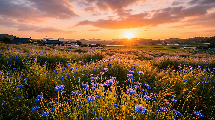 JPG 편집이미지 꽃 자연 하늘 풍경 초원 햇빛 태양 노을 농촌 저녁 수레국화 편집실사 AI포토 AI콘텐츠 자연요소 식물 빛 시골 밤 야간 CG 생태계 파일형식