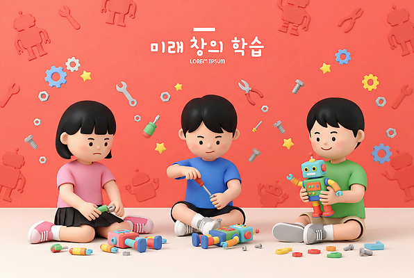 PSD 편집이미지 어린이 놀이 미래 협력 소녀 소년 학습 장난감 도구 공구 그룹 로봇 만들기 조립 상상력 창의력 편집3D 여자 교육 남자 컨셉 모션 사람 3D 파일형식
