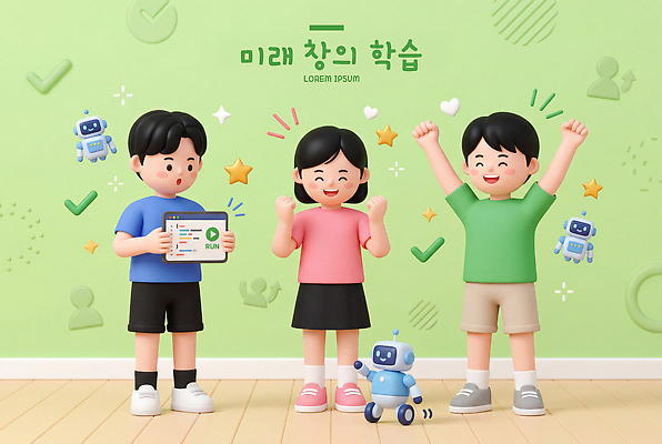 PSD 편집이미지 교육 어린이 모션 놀이 미래 함께함 기술 소녀 소년 친구 학습 태블릿 기쁨 로봇 즐거움 창의력 코딩 편집3D 여자 남자 감정 컨셉 관계 사람 전자제품 스마트기기 3D 컴퓨터교육 파일형식